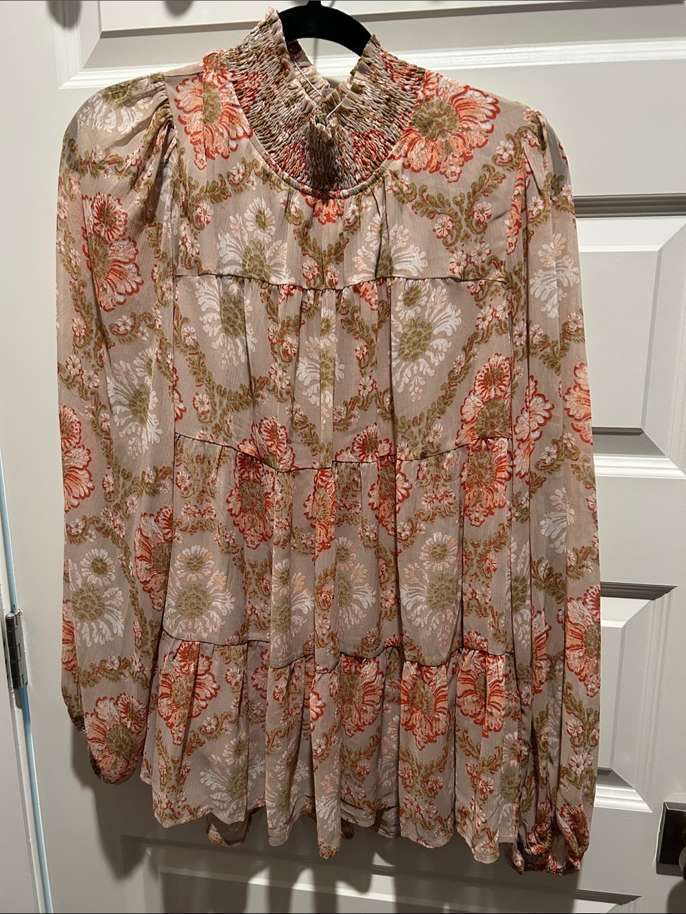 JODIFL Floral Smocked Tiered Blouse in Blush, Coral & Olive